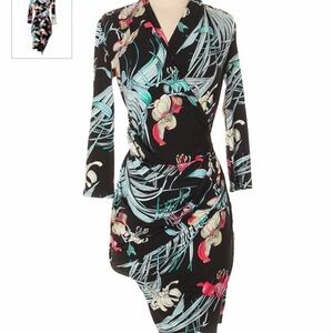 Jennifer Lopez Black Floral Wrap Dress with Teal and Pink Details